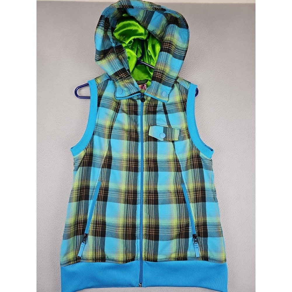 Burton Dryride Hooded Vest Women's Size Large Blue Plaid Outdoors Winter Snow